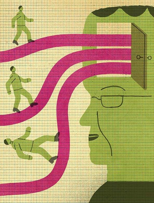 People walking on pathways into a person's brain