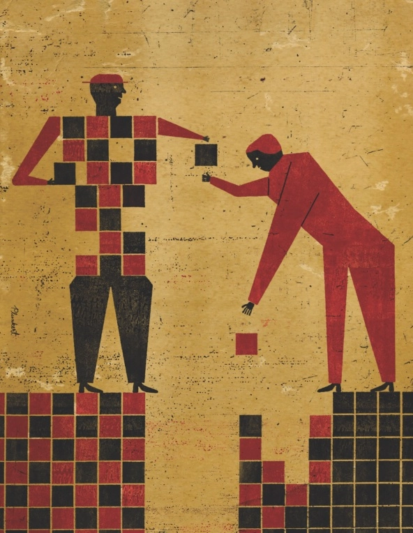 illustration human figures building blocks