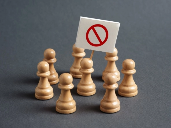 Chess pawn protester holding a NO sign banner surrounded by other pawns