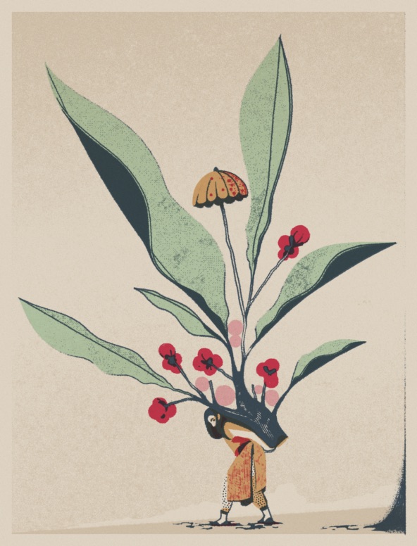 illustration person carrying flowers
