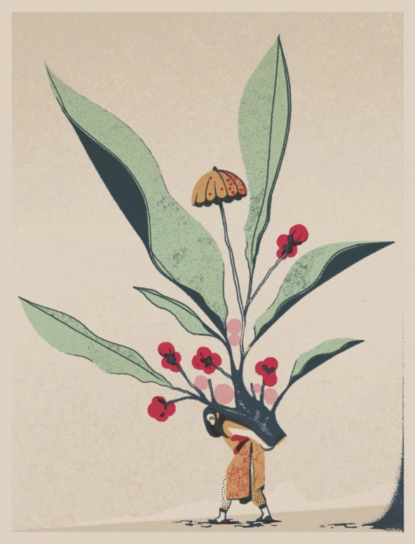 illustration person carrying flowers