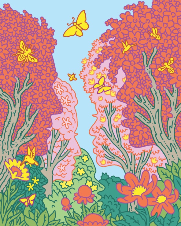 illustration two faces made of flowers and leaves