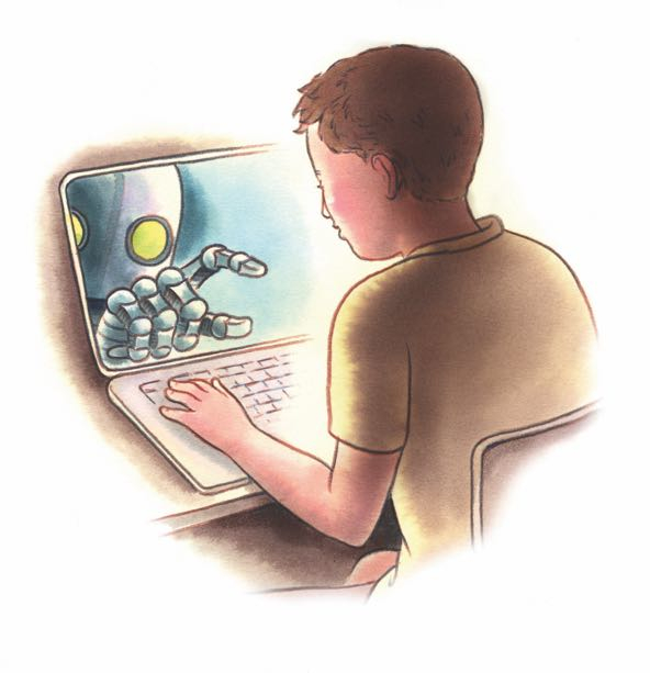 illustration of a boy sitting in front of a computer with a robot appearing on the computer's screen