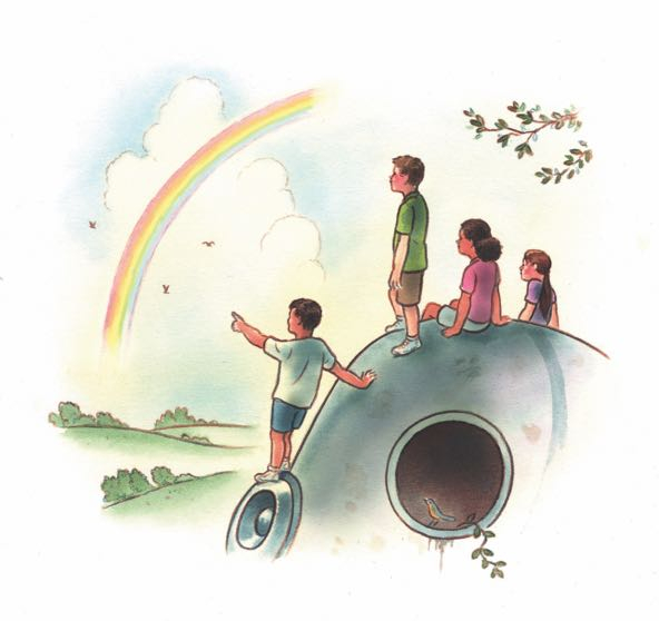 illustration of people sitting on a giant robot's head while gazing at a rainbow