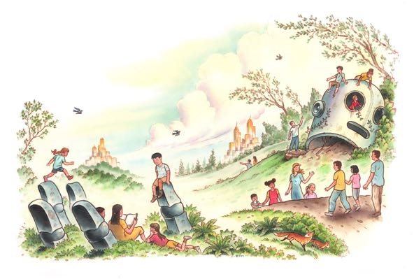 illustration of people in a sunny and beautiful field in which a giant robot head and body are buried