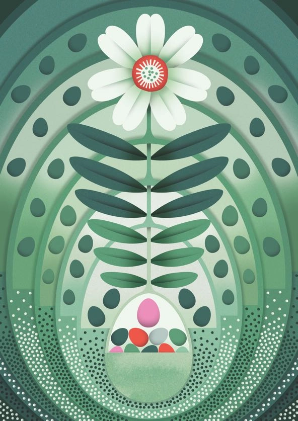 flower growing from a basket of eggs