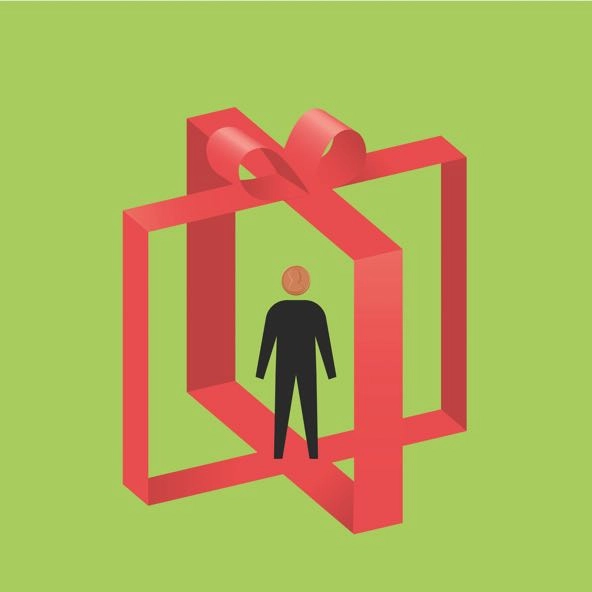 drawing of human figure inside gift box