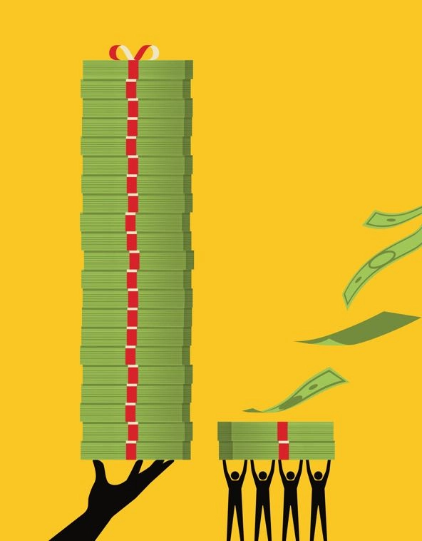 illustration of stacks of money held up by hands and people