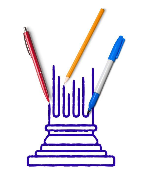 illustration of half a Greek pillar with pens and pencils strewn around it