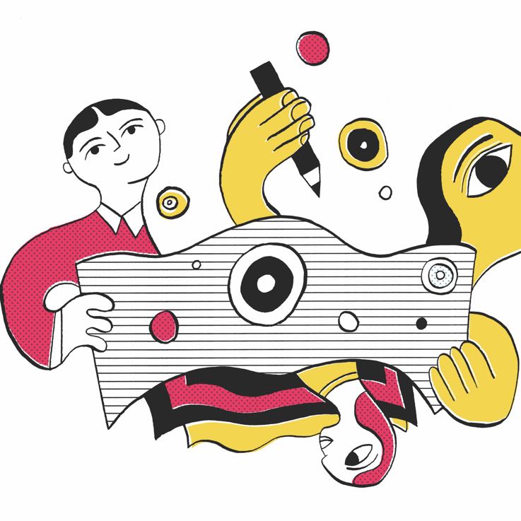 illustration of two people holding up a bill of currency