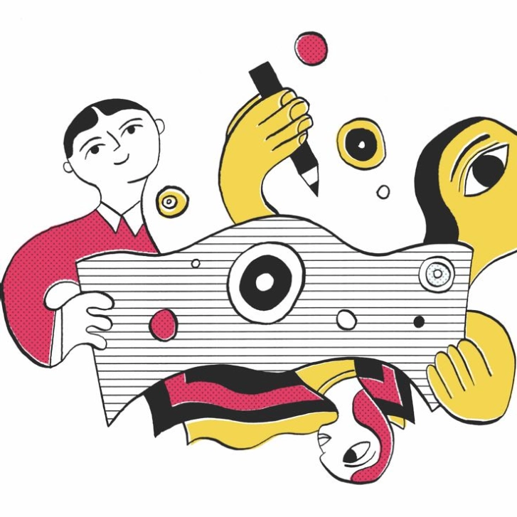 illustration of two people holding up a bill of currency