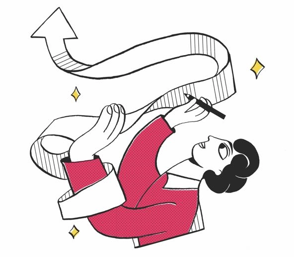illustration of a woman drawing on a ribbon with an arrow at the end