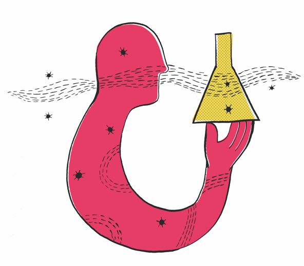 illustration of a human figure holding up a scientific lab beaker 
