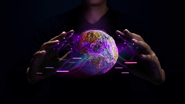 Hands gesturing around a  levitating globe