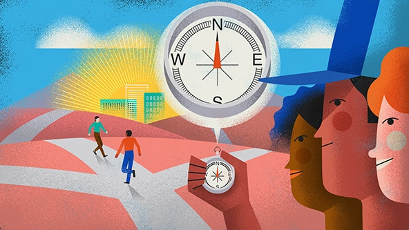 Three young people holding a compass and looking at a path leading to a shining city.