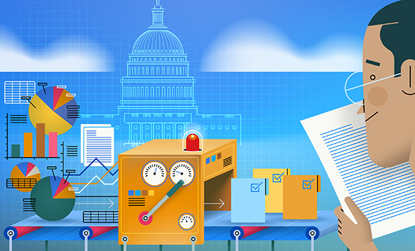 Illustration of data icons passing on a conveyor belt in front of the US Capitol