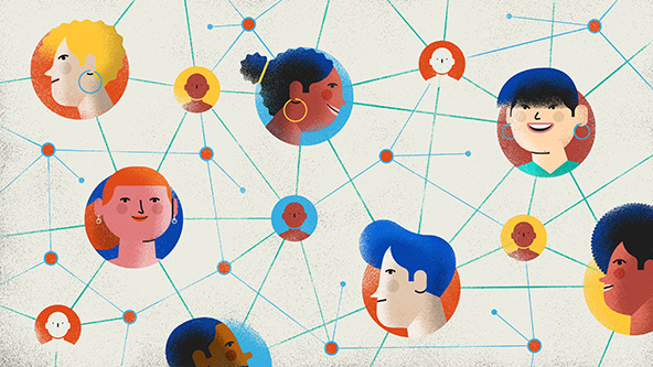 Heads of people networked and connected with blue lines