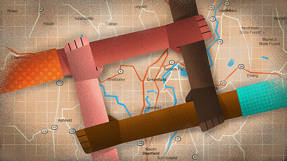 Four arms linked to form a square over a map of Western Massachusetts