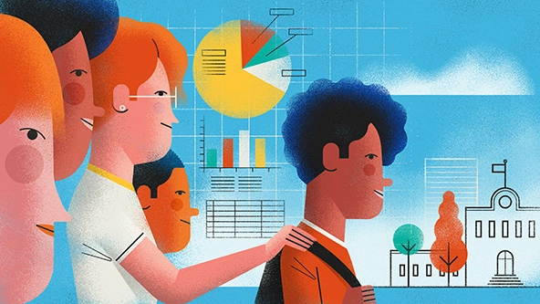 Student with backpack; illustration of pie chart, graph, and a school in the background