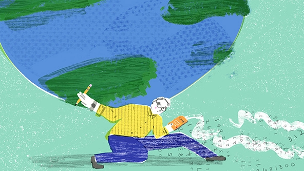 A man crouching below a large globe. He's holding a pencil and a calculator that has a ribbon of white smoke and numbers coming out the top