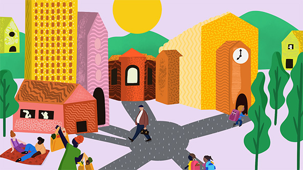 Home, apartment building, school connected by paths that lead to a central hub. People and children walking on paths.