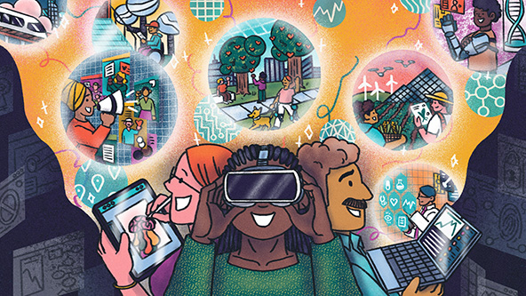 Technolgists with tablet, VR goggles, laptop, looking up at thought bubbles with scenes of tech at work in communities.