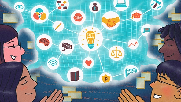 Diverse technologists on standing around a large thought bubble with interconnecting symbols of technology and society