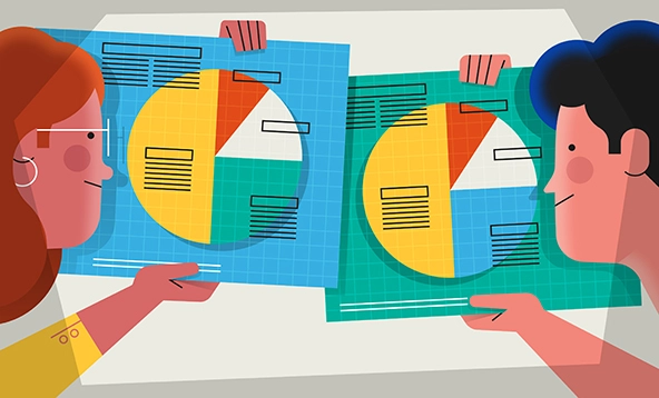 Two people holding pie charts with data