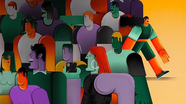 Figure walking away from an indifferent and disengaged crowd turned the opposite way.