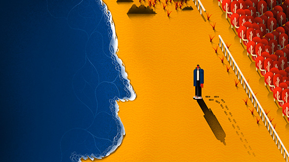 Figure on a beach looking at the ocean with the outline of a face coming onto shore