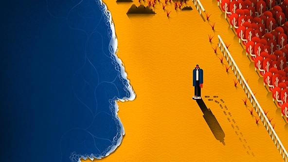 Figure on a beach looking at the ocean with the outline of a face coming onto shore