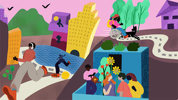 Figure jogging, figure kicking ball, figure in wheelchair with a dog, figures on a patio with container garden against background of colorful homes and buildings