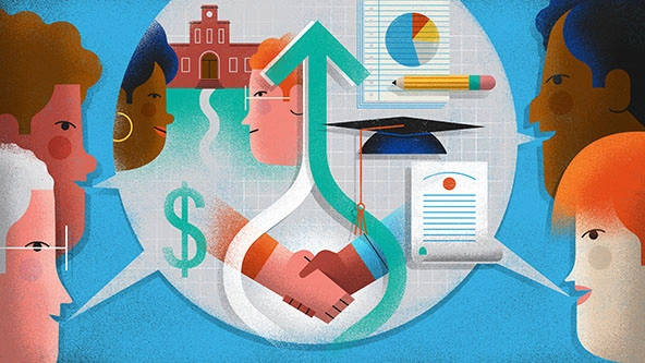 Speech bubble with two lines coming together in an arrow to show collaboration