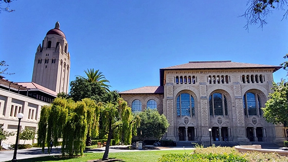 a tower and building on stanford university campus