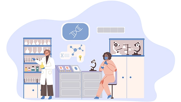 Science researching lab with scientists working use chemical equipment.