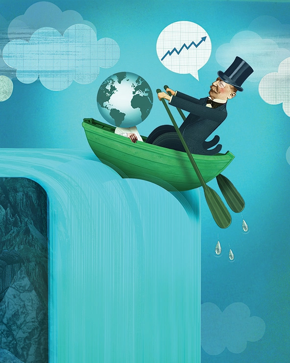 Man and globe in rowboat sliding backward down a waterfall
