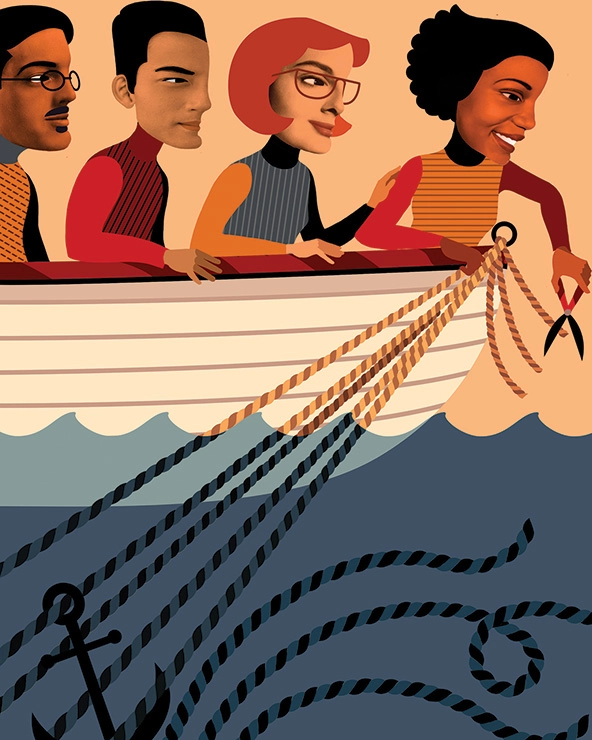 Four people riding in a boat; the first one cutting strings to the anchor