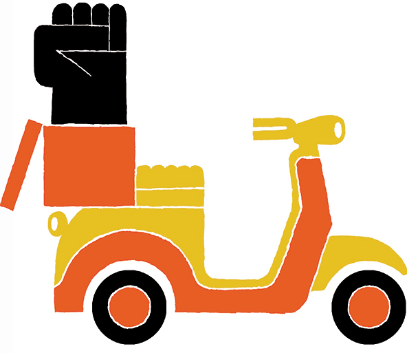 Illustration of moped with clenched fist rising out of the back