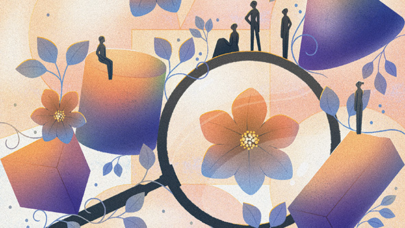 Illustration of magnifying glass over a flower.