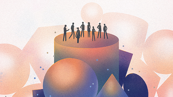 Group of eight men and women standing together on a pile of shapes