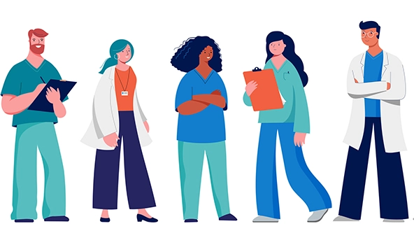 Illustration of five medical professionals