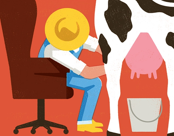 Illustration of farmer sitting in office chair milking a cow
