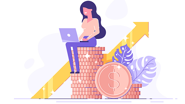 Financial consultant sitting on a stack of coins