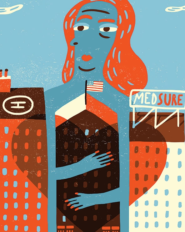 Illustration of three health-care buildings covered with a heart and a figure giving them a hug