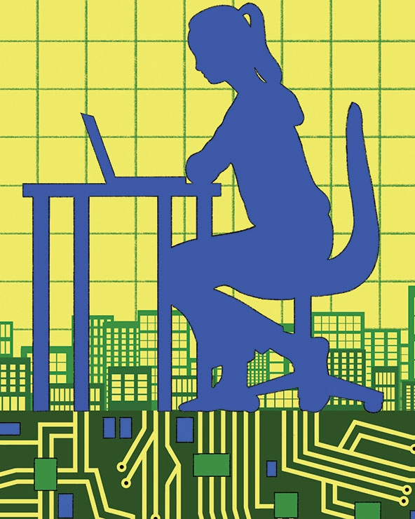 Profile of woman sitting at a desk with laptop and a computer network drawn on the ground underneath