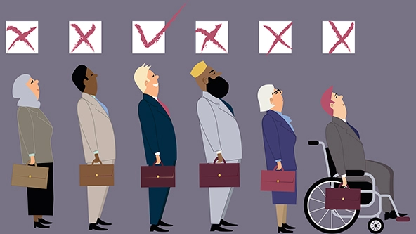 Line of diverse candidates for a job with a check boxes above their heads as a metaphor for a discrimination during an employment interview
