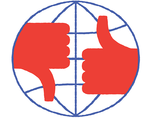 Hand with a thumbs down, hand with a thumbs up on the backdrop of a globe