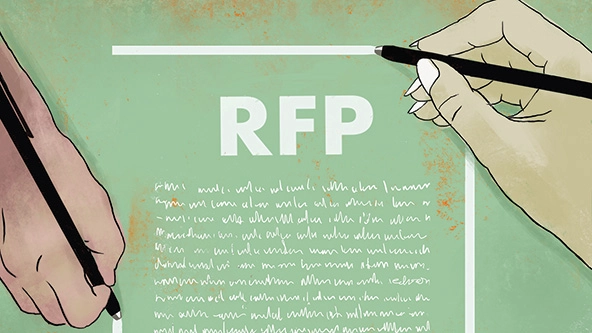 Two hands holding pens and writing on a page with the letters RFP