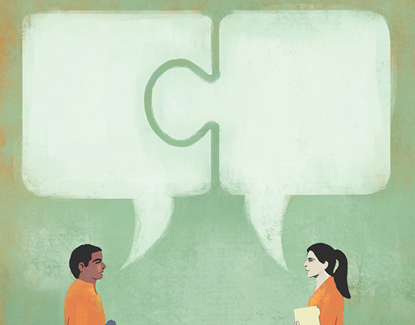 Two people with connected speech bubbles overhead.