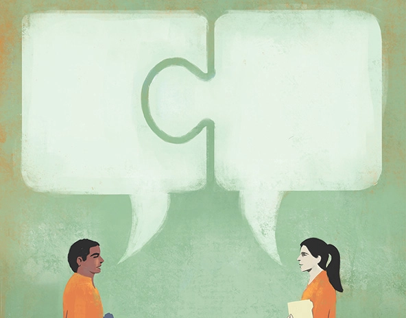 Two people with connected speech bubbles overhead.